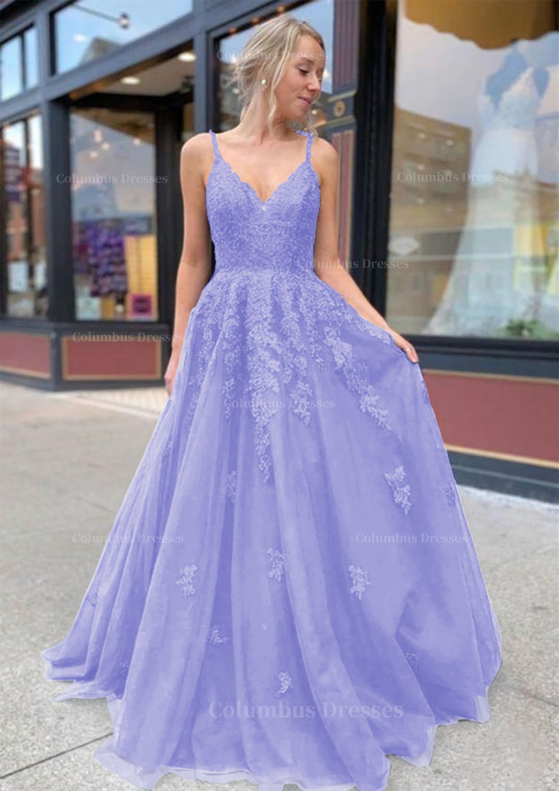Princess A-line V Neck Sleeveless Sweep Train Tulle Prom Dress