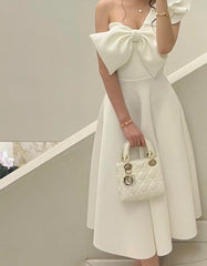 Simple Tea Length Elegant Bow White Prom Dresses