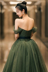 Beautiful Green Tulle Long Prom Dress, A-Line Off the Shoulder Graduation Dress