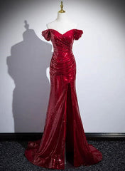 Sequins rouge foncé sirène robe de bal chérie, robe de soirée rouge foncé