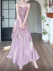 Pink Satin Straps Long Party Dress, Pink Satin Chic Prom Dress Evening Dress