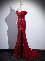 Vestido de baile de baile de sereia vermelha escura de lantejoulas, vestido de noite vermelha escura