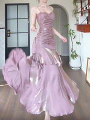 Pink Satin Straps Long Party Dress, Pink Satin Chic Prom Dress Evening Dress