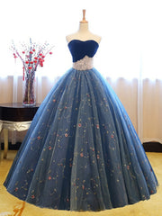 Strapless Sweetheart Blue Tulle Embroidery Flowers Exquisite 2025 Prom Dresses