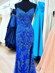 Blue Mermaid Spaghetti Straps Cheap Long Prom Dresses,Evening Party Dresses