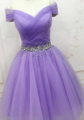 A-line Off-the-Shoulder Sleeveless Tulle Short/Mini Homecoming Dress With Pleated Beading