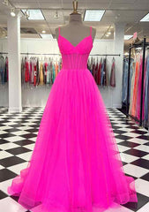 A-line V Neck Spaghetti Straps Sweep Train Tulle Prom Dress With Pleated