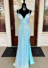 Sheath/Column V Neck Spaghetti Straps Sweep Train Sequined Prom Dress With Split