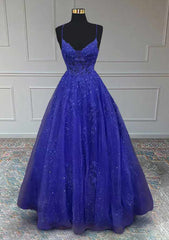 A-line V Neck Spaghetti Straps Long/Floor-Length Tulle Prom Dress With Appliqued Beading Glitter