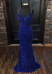 Trumpet/Mermaid V Neck Sleeveless Sweep Train Velvet Sequins Prom Dress