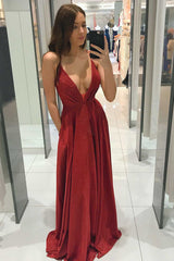 Red Spaghetti Straps V-neck Long Prom Dress, Shiny A Line Party Gown