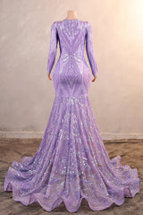 V-Neck Mermaid Sweep Train Sequins Zipper Long Sleeve Evening Dress