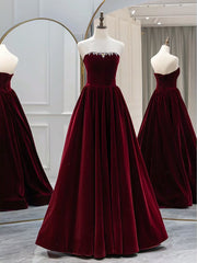 A-Line Long Sleeves Velvet Burgundy Long Prom Dress, Burgundy Long Evening Dress with Beads