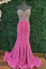Formal Dresses For Large Ladies, Hot Pink Sequin Rhinestones Strapless Mermaid Long Prom Dress