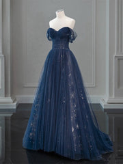 A-Line Off Shoulder Tulle Lace Dark Blue Long Prom Dress, Dark Blue Long Evening Dress