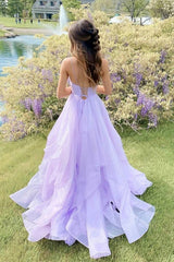 Princess Lavender Tiered Spaghetti Straps Long Prom Dress