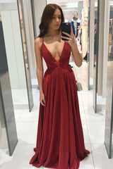 Red Spaghetti Straps V-neck Long Prom Dress, Shiny A Line Party Gown