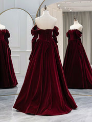 A-Line Long Sleeves Velvet Burgundy Long Prom Dress, Burgundy Long Evening Dress with Beads