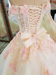 Sweet 16 Dresses Pink Lace Floral Prom Dresses Ball Gown Off The Shoulder Elegant Beaded Luxury Prom Gown