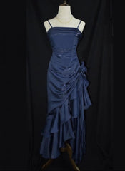 Dark Blue Vintage Floral Elegant Dress Asymmetrical Hem Prom Gown