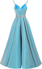 Спагетті-ремінці випускна сукня з довгим атласним бісерним бісером Офіційні вечірні сукні з кишенями з кишенями з кишенями