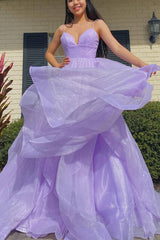 Princess Lavender Tiered Spaghetti Straps Long Prom Dress