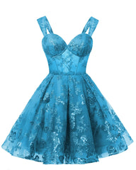 Teens Sparkly Tulle Turquoise Homecoming Dresses Spaghetti Straps Short Cocktail Party Prom Dress