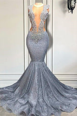 Silver Sequins Mermaid Prom Dress Long With Beads