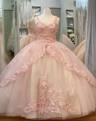 Quinceanera Sweet Tulle Ball Gown 16 Lace Pink Party Flower Sparkly Prom Dress