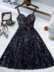 Glitter Navy Blue Sequin Short Prom Dress