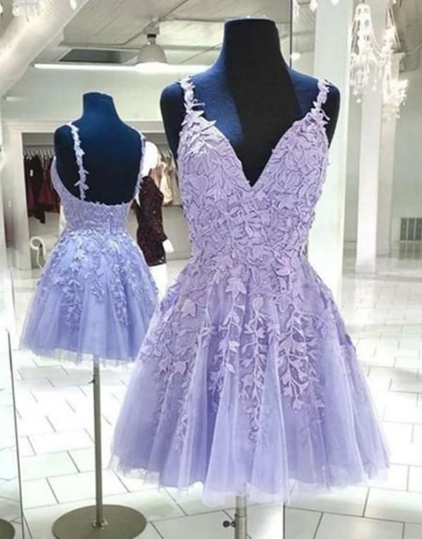 Homecoming Dress Elegant, Lilac A-Line Spaghetti Straps Homecoming Dress With Appliques