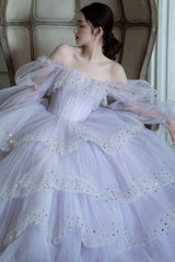 Long Sleeves Layered Light Purple Tulle Long Prom Dresses, Light Purple Formal Evening Dresses, Ball Gown