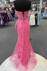 Pink Sweetheart Strapless Lace Appliques Mermaid Prom Dress