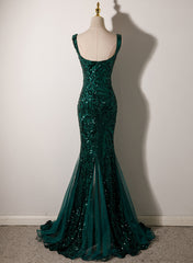Green Mermaid Long Straps Sequins Long Prom Dress, Green Mermaid Evening Dress