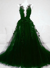 A line Green Tulle With Lace Deep Neckline Backless Prom Dress