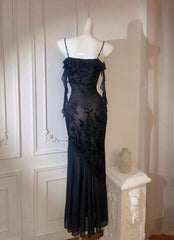 Chic Sheath Spaghetti Straps Black Evening Dress Long Prom Dresses