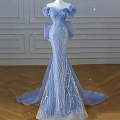 Sparkly Blue Prom Dresses With Bow Sequins Off The Shoulder Prom Dress