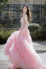 Pink Organza Strapless Pink Lace Floral Long Prom Dresses, Pink Lace Formal Evening Dresses, Pink Ball Gown