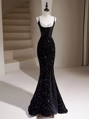 Mermaid Straps Long Black Sequin Prom Dresses