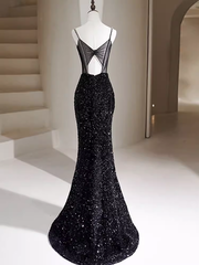 Mermaid Straps Long Black Sequin Prom Dresses