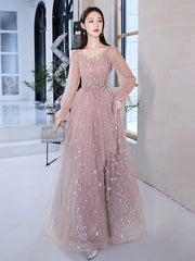 Roze prom-jurken lange mouwen voor het graudatiefeestje Glanzende ster Glitter A-lijn vloerlengte Tule Women Formele avondjurken
