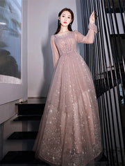 Розовые платья с выпускными платьями с длинными рукавами для гидромассажного вечеринка блестящие звездный блеск a-line tulle tulle holure formal вечерние платья