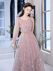 Pink Prom-klänningar Långa ärmar för Graudation Party Shiny Star Glitter a-line golvlängd tyll kvinnor formella aftonklänningar