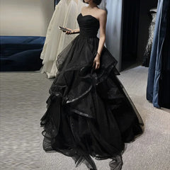 Zwart elegant feest prom -jurken strapless gelaagde gedrapeerde baljurk formele jurk dames gewaad
