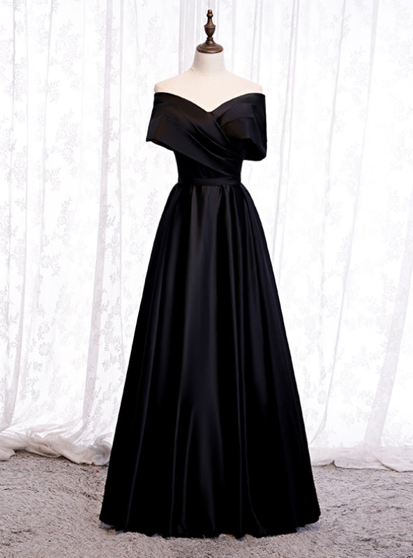 A-Line Black Satin Off the Shoulder Pleats Prom Dress