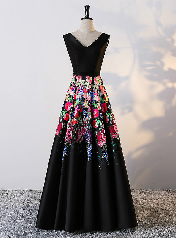 A-line Black Satin Print Prom Dress