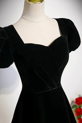 A-line Black Short Sleeves Velvet Long Party Dress, Black Simple Bridesmaid Dress