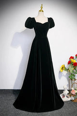 A-line Black Short Sleeves Velvet Long Party Dress, Black Simple Bridesmaid Dress