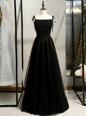 A-Line Black Tulle Spaghetti Straps Tulle Beading Prom Dress