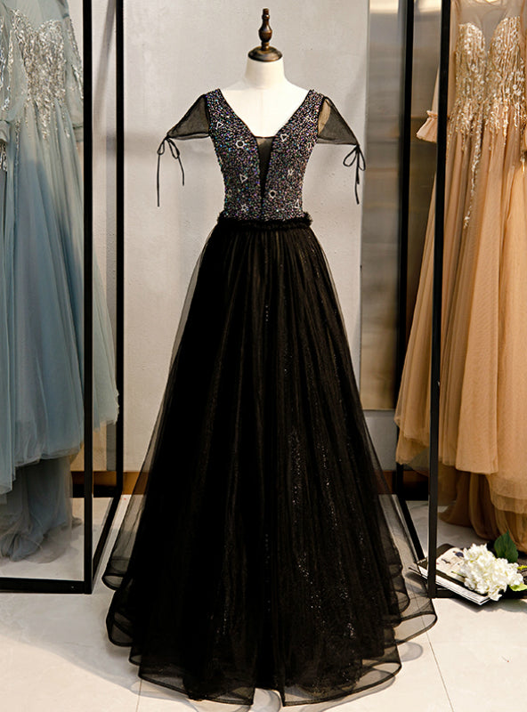 A-Line Black Tulle V-neck Cap Sleeve Beading Prom Dress